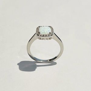 Sterling Silver Square White Lab Opal Ring with CZ, Silver Rings, Wedding Ring